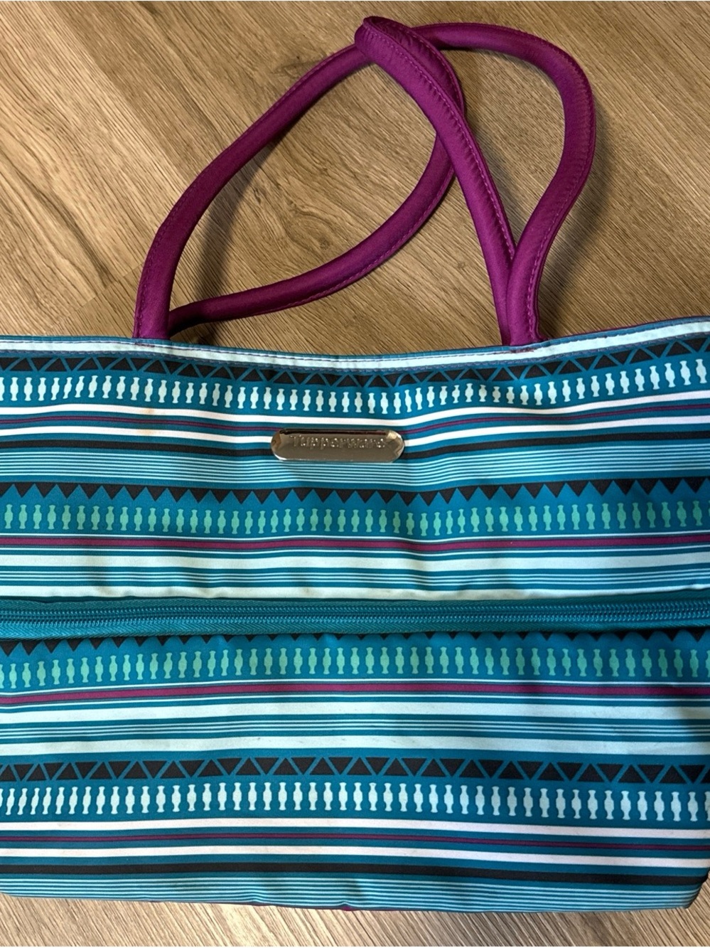 Tupperware Teal Striped Tote with Magenta Handles
